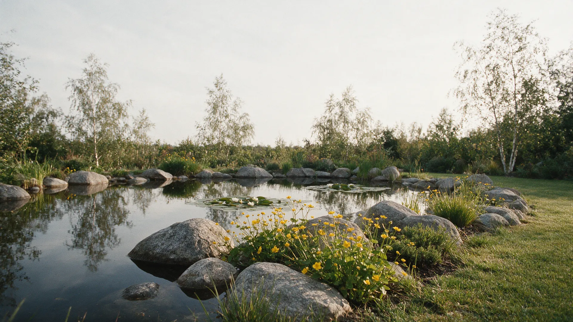 Naturnaher Gartenteich mit Steinufer, Sumpfdotterblumen und Seerosen, dahinter Birken im Nachmittagslicht