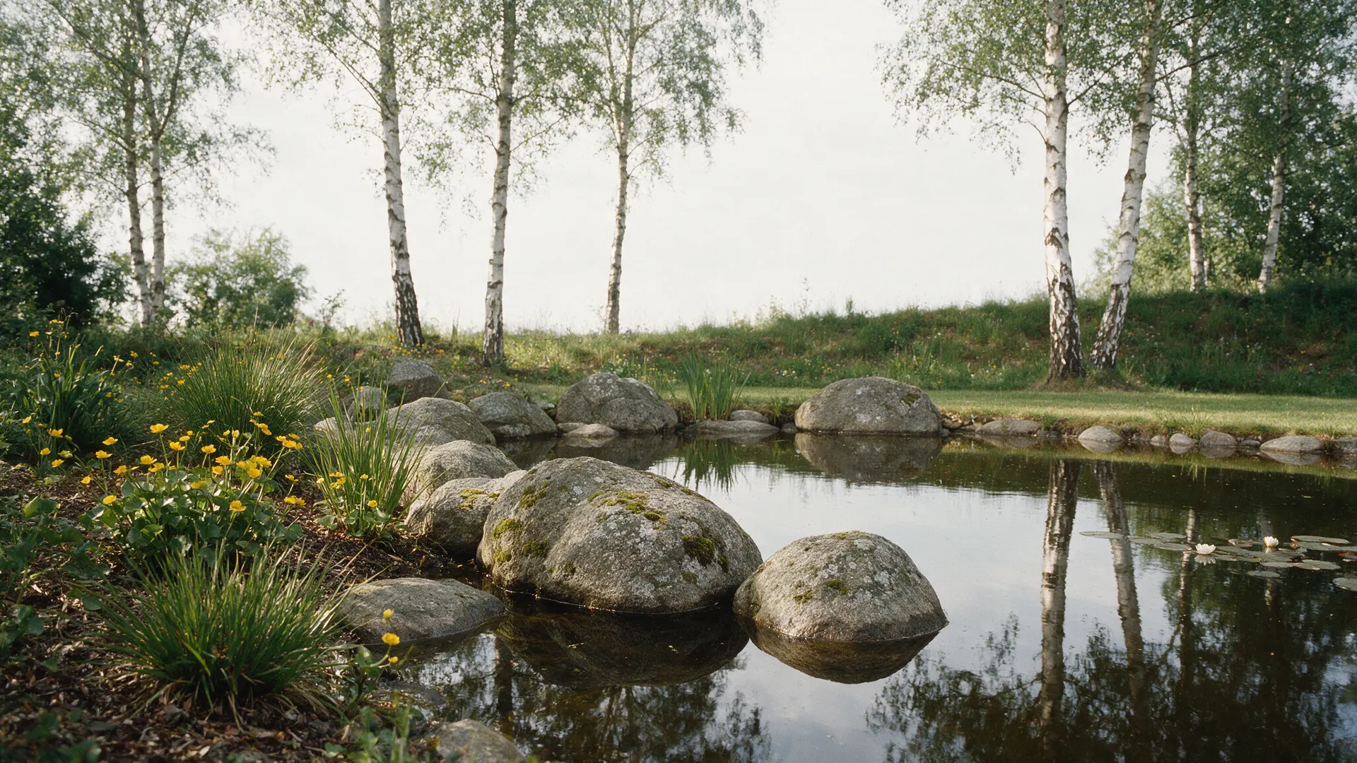Teichufer aus bemoosten Findlingen, im dunklen Wasser spiegeln sich Birkenstämme